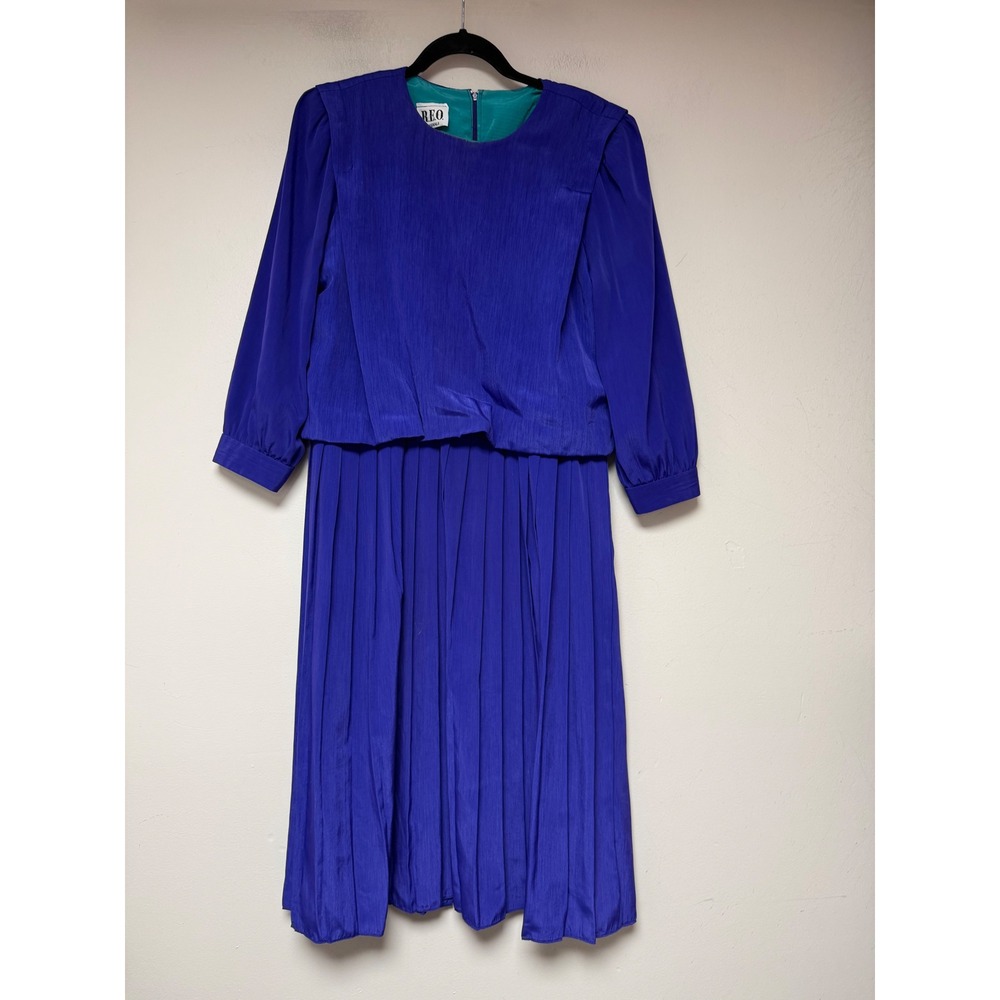 R.E.O. Originals Dress Womens 8 Blue Excellent Vintage 80s‎ Pleated Midi Long